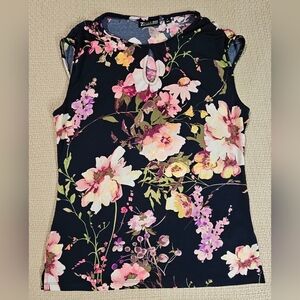 New York & Co Midnight Blue Top with Pink Floral Design
